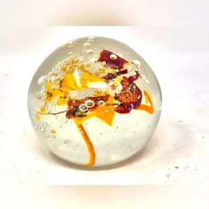 Signed Clear Art Glass Paper Weight With Red And Yellow Center